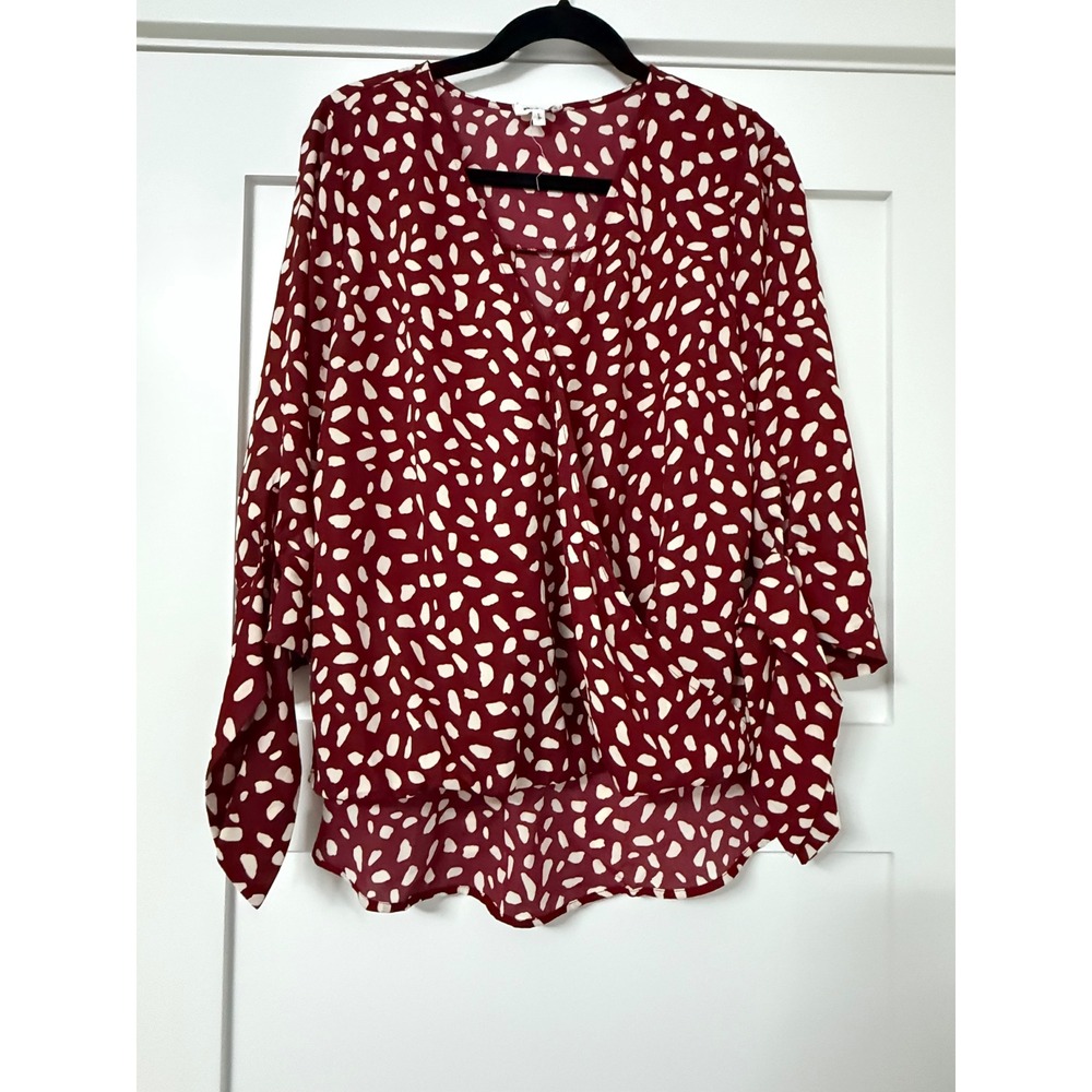 West K Burgundy Red Abstract Print Surplice Tie Sleeve Blouse Large